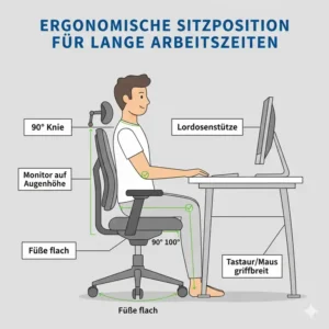 Illustration of the perfect sitting posture during a bürostuhl für lange arbeitszeiten test evaluation.