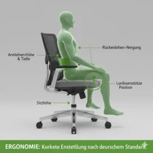 Bürostuhl Testberichte Deutsch: Detailansicht einer korrekten ergonomischen Einstellung der Sitzfläche und Rückenlehne.