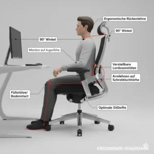 Diagramm zur korrekten Haltung auf dem bürostuhl testsieger 2026 ergonomisch mit idealen Sitzwinkeln.