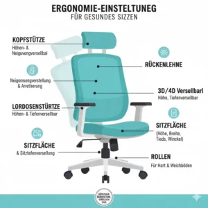 Grafische Darstellung der wichtigsten Ergonomie-Einstellungen beim günstiger bürostuhl vergleich 2026.