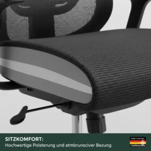 Hochwertige Kaltschaumpolsterung und Netzbezug für langanhaltenden Sitzkomfort, geprüft in Bürostuhl Testberichte Deutsch.