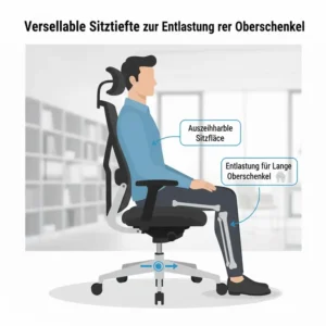 Darstellung der optimalen Sitztiefe beim bürostuhl große menschen test.