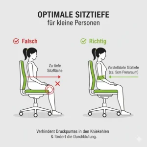 Die optimale Sitztiefe erklärt im Bürostuhl kleine Menschen Test.