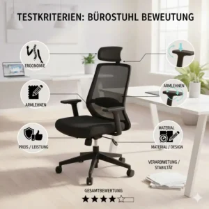 Infografik über die wichtigsten Bewertungsfaktoren im bürostuhl mit armlehnen test.