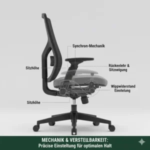 Schematische Darstellung der Synchronmechanik eines Bürostuhl Testberichte Deutsch zur Bewegung von Sitz und Lehne.