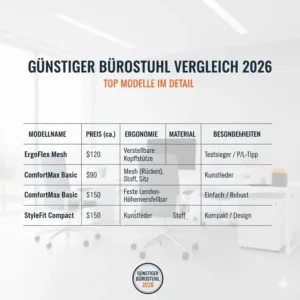Vergleichstabelle mit den wichtigsten Merkmalen der Modelle im günstiger bürostuhl vergleich 2026.