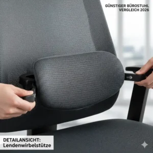 Detailaufnahme: Verstellbare Lendenwirbelstütze für den günstiger bürostuhl vergleich 2026.