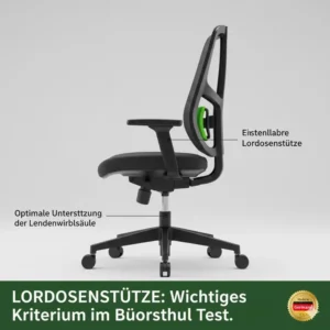 Einstellbare Lordosenstütze zur optimalen Unterstützung der Lendenwirbelsäule – ein wichtiges Kriterium bei Bürostuhl Testberichte Deutsch.