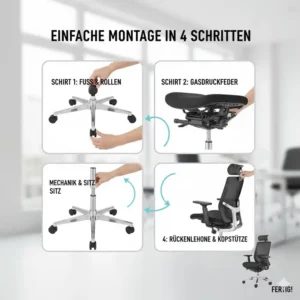 Illustration des einfachen Aufbaus eines Bürostuhls im Rahmen des bester bürostuhl test 2026.