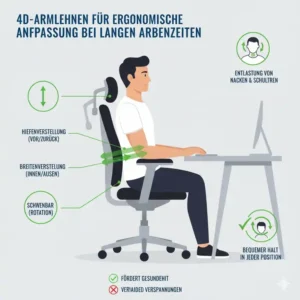 Demonstration of 4D armrest flexibility for the bürostuhl für lange arbeitszeiten test article.