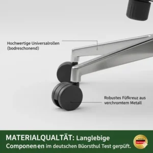 Nahaufnahme von langlebigen Universalrollen und robustem Fußkreuz, die in Bürostuhl Testberichte Deutsch bewertet wurden.
