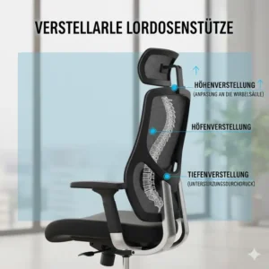 Detailansicht: Die verstellbare Lordosenstütze ist wichtig für den bester bürostuhl test 2026.