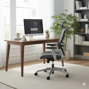 Der komplette Schreibtisch-Setup mit dem Testsieger im ergonomischer bürostuhl test für home office.