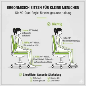 Korrekte ergonomische Sitzposition laut Bürostuhl kleine Menschen Test.