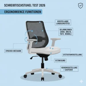 Eine detaillierte Infografik über die wichtigsten Funktionen im schreibtischstuhl test 2026.