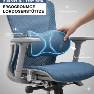 Nahaufnahme der verstellbaren Lordosenstütze aus dem bürostuhl bequem test 2026 zur Rückenentlastung.