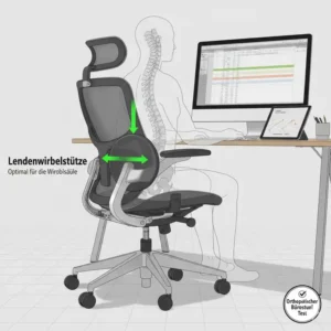 Die verstellbare Lordosenstütze im orthopädischer bürostuhl test zur Rückenentlastung.