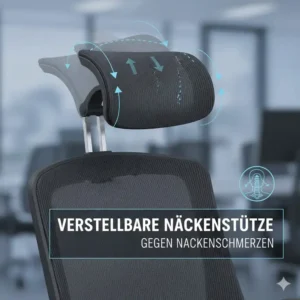 Detailansicht einer verstellbaren Kopfstütze an einem Bürostuhl gegen Nackenschmerzen.