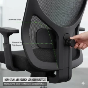 Detailansicht einer verstellbaren Lordosenstütze im ergonomie bürostuhl vergleich für bessere Stützkraft.