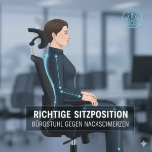 Illustration der korrekten Sitzposition auf einem Bürostuhl gegen Nackenschmerzen zur Entlastung.