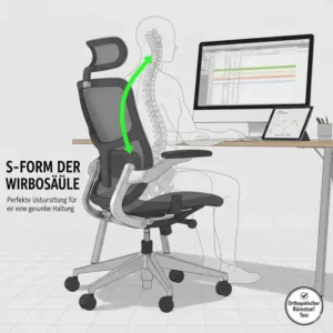 Korrekte Wirbelsäulenhaltung und S-Form im orthopädischer bürostuhl test erklärt.