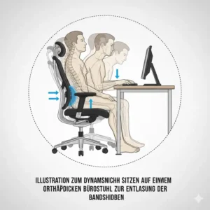 Illustration zum dynamischen Sitzen als wichtige Bürostuhl Bandscheibenvorfall Empfehlung zur Schmerzlinderung.