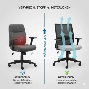 Stoff vs. Netzrückenlehne detailliert dargestellt im Bürostuhl für Schwitzen Vergleich.