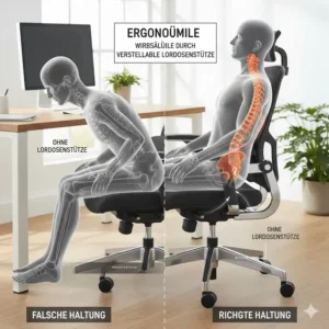 Anatomische Grafik der Wirbelsäule gestützt durch einen Bürostuhl Lordosenstütze verstellbar.