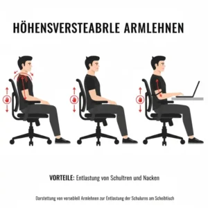 Verstellbare Armlehnen an einer rückenfreundlicher Bürostuhl Empfehlung zur Schulterentlastung.