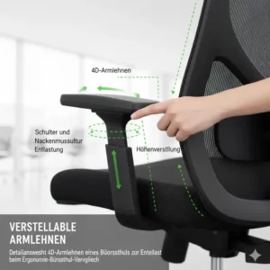 Verstellbare 4D-Armlehnen zur Entlastung der Schultern im ergonomie bürostuhl vergleich.