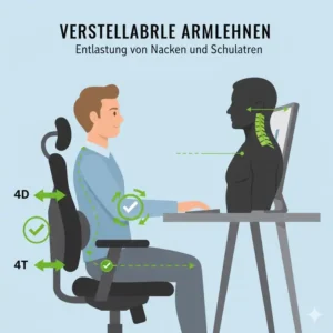 Verstellbare Armlehnen entlasten den Nacken bei einem ergonomischer bürostuhl gegen rückenschmerzen.