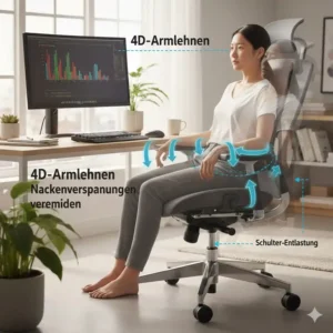 Entlastung der Schultern durch 4D-Armlehnen am ergonomischer Bürostuhl stundenlang sitzen.