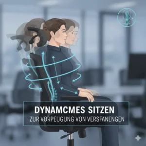 Darstellung von dynamischem Sitzen auf einem Bürostuhl gegen Nackenschmerzen zur Vorbeugung.