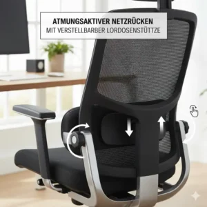 Atmungsaktives Material an einem Bürostuhl Lordosenstütze verstellbar mit Netzrücken.