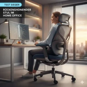 A modern home office setup featuring a rueckenschonender buerostuhl empfehlung for back health.