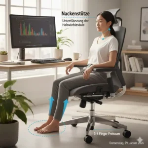 Verstellbare Kopfstütze für Nackenkomfort am ergonomischer Bürostuhl stundenlang sitzen.