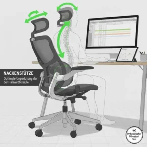 Entlastung der Halswirbelsäule durch Nackenstützen im orthopädischer bürostuhl test.