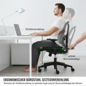 Demonstration der Sitztiefenverstellung zur Beinanpassung im ergonomie bürostuhl vergleich.