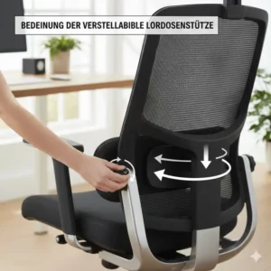 Nahaufnahme des Drehrads zur Justierung am Bürostuhl Lordosenstütze verstellbar.