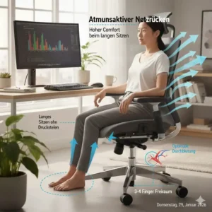 Atmungsaktives Netzmaterial für den ergonomischer Bürostuhl stundenlang sitzen im Sommer.