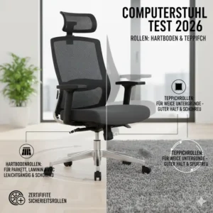 Test der Rollen auf verschiedenen Bodenbelägen innerhalb des computerstuhl test 2026.
