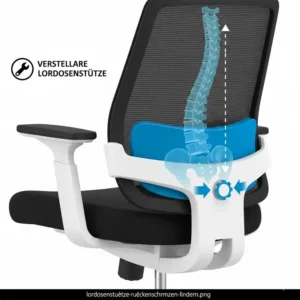 Detailansicht der Lordosenstütze an einem Bürostuhl für Haltung verbessern.