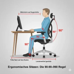 Illustration der 90-Grad-Regel für ergonomischer Drehstuhl Empfehlung und Körperhaltung.