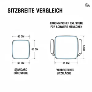 Maßangaben der breiten Sitzfläche für einen Bürostuhl ergonomisch für Übergewichtige.