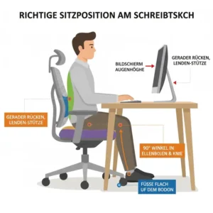 Darstellung der korrekten Sitzhaltung für eine Bürostuhl Home Office Empfehlung.