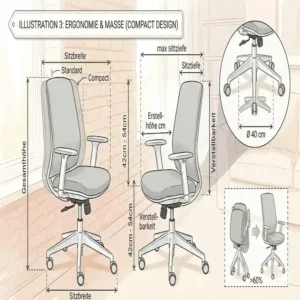 Infografik mit den Maßen für einen kompakten bürostuhl für kleine wohnung.