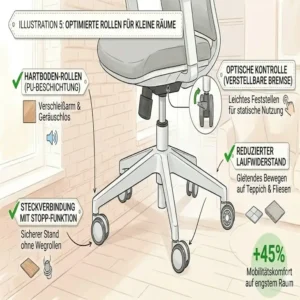 Detailansicht der Rollen an einem bürostuhl für kleine wohnung für Hartböden.