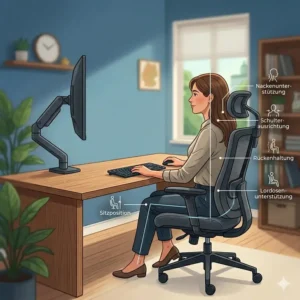 Die richtige ergonomische Sitzposition auf einem bürostuhl für dual monitor setup.