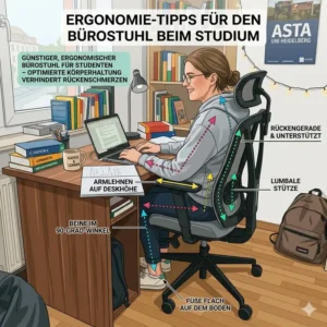 Infografik über gesundes Sitzen und die richtige Einstellung beim bürostuhl fürs studium zur Rückenschonung.