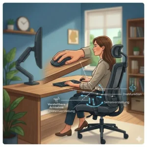 Verstellbare 4D-Armlehnen an einem bürostuhl für dual monitor setup zur Entlastung der Schultern.